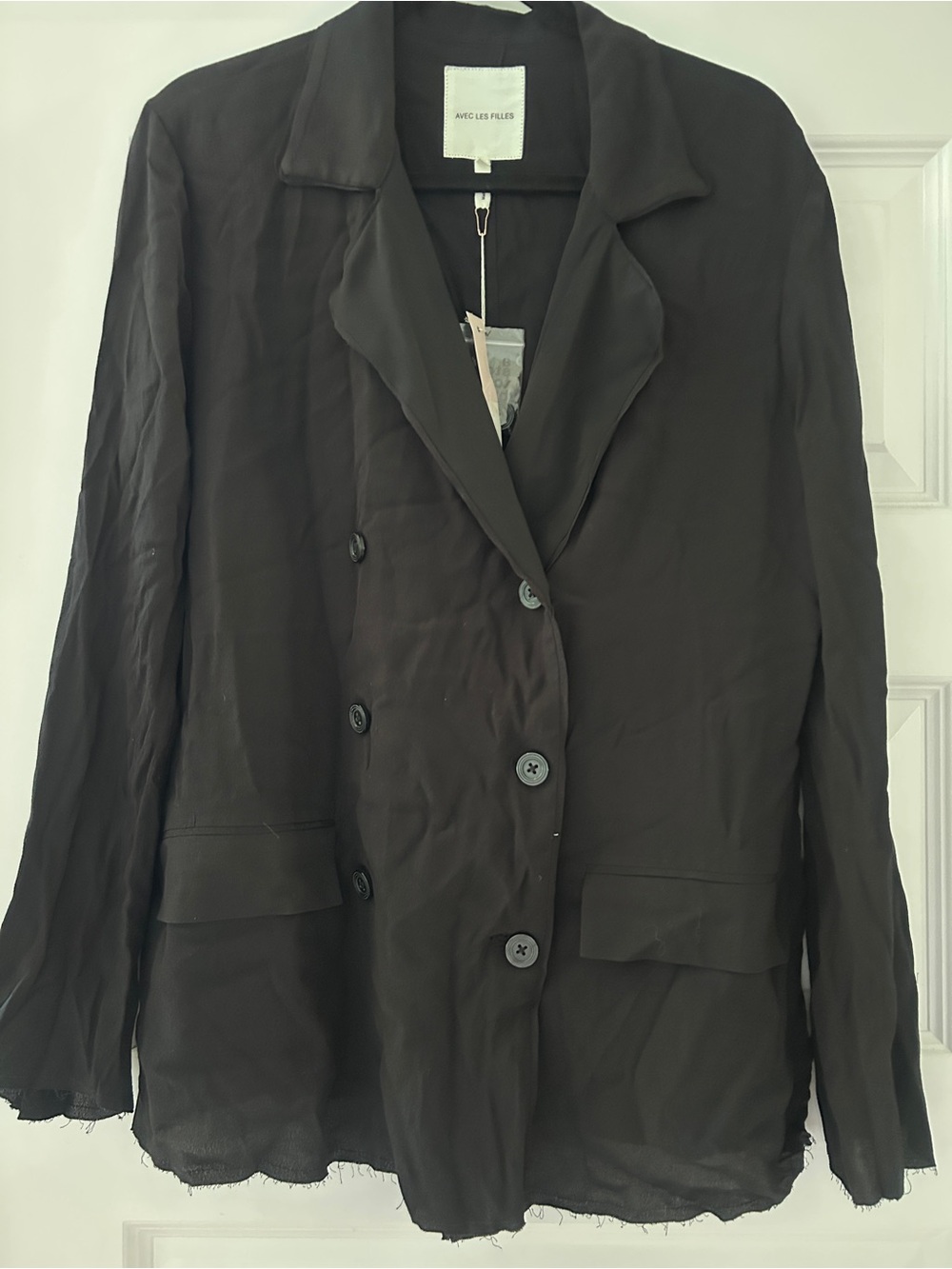 NWT Avec Les Filles Raw Edge Hem Lightweight Double Breasted Blazer Jacket